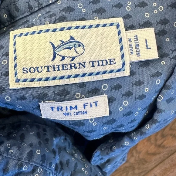 Southern Tide Shirt Mens L Blue Button Up S/S fish trim fit 100% cotton - Picture 6 of 7